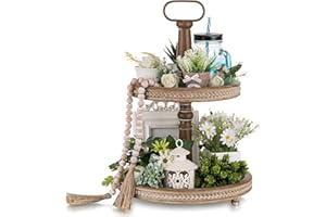 Hanobe Vassoio decorativo a più livelli in legno a 2 ripiani, due vassoi decorativi rotondi con perline per bagno, cucina, tavolino da caffè, centrotavola, bancone, Halloween, Natale, San Valentino