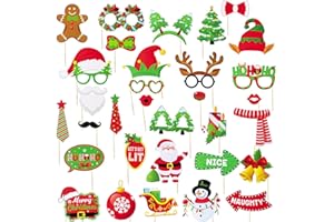GEBETTER 32 pcs Christmas Photo Booth Props Xmas Photo Frame Photobooth Props with Wooden Sticks Ideal for Christmas Party Decorations Xmas Accessories Supplies