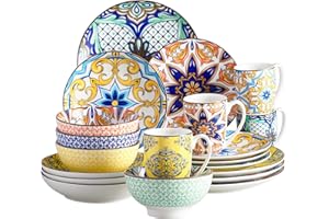 vancasso Jasmin Patterned Dinner Set - 20 Pcs Porcelain Dinnerware Set Moroccan Crockery with 10.5 inch Dinner Plate, 8 inch Dessert Plate, 23oz Bowl, 31oz Pasta Bowl and 12oz Mug.Service for 4