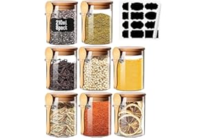 YALUCKY Botes Especias Vidrio Con Etiquetas Tarros De Cristal Con Tapa Hermética y Cuchara Pequeños- 8 Piezas 220ml - Tarros De Especias Accesorios De Cocina Tarros De Almacenamiento Para Café, Té, Azúcar