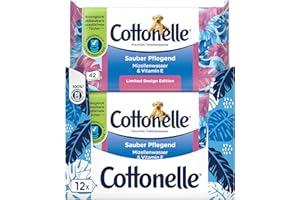Cottonelle Feuchtes Toilettenpapier, Sauber Pflegend - Mizellenwasser & Baumwollduft, Biologisch Abbaubar, Plastikfrei, Wiederverschließbar, Vorteilspack, 12 x 42 Feuchttücher