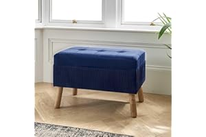 Homesdirect365 Dark Blue Velvet Ottoman Storage Stool | Dressing Table Stools | Vanity Stool | Foot Stool | Stool for Dressing Table | Stools | Wooden Stool | Stool with Storage | Ottoman Stool