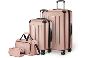 Amazon Basics Ensemble de Bagages Rigides, 4 Pièces, Grande Valise, Bagage Cabine, Sac Fourre-Tout de Voyage Compact, Extensible, 4 roulettes Pivotantes, Or Rosé