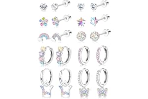 JeweBella 10Pairs Earrings for Women Girls Silver Stud Hoop Earrings Set Cute Surgical Steel Hypoallergenic Earrings Pink Heart Butterfly Flower Pearl Screw Back Earrings for Kids Sleeper Earrings