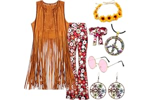 YADODO 70s Fancy Dress Women Disco Hippie Clothes Fringe Vest with 60s Fancy Dress 70s Costume Flared Trousers & 70s Accessories Hippie Costume Ladies Girls Hippy Fancy Dress for Women Halloween Outfits(L)