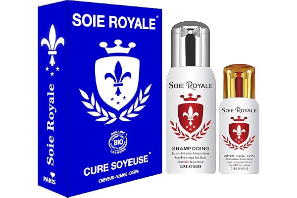 Coffret Soie Royale BIO Cure Soyeuse Sérum 66 ml Soin hydratation Brillance Intense Fleur de Lys BIO Shampoing 125 ml BIO Régénérant Rajeunissant Cheveux Visage Corps Coco Acide Hyaluronique Plantes Végétales Organiques Vitamines E F Sans alcool Certifié Ecocert Cosmébio Made in France Divinement Royale Inoubliable.