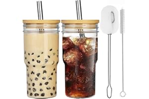 ALINK Bubble Tea Cups zestaw 2 szklanek 710 ml, kubek do smoothie, wielokrotnego użytku, kubek Boba, butelka podróżna z szeroką szyjką, z pokrywkami i słomkami ze stali nierdzewnej