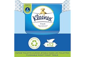 KLEENEX Fresh - Carta igienica umida (12 confezioni da 42 fogli), usa e getta in bagno, 100% fibre naturali, senza plastica, senza profumo, senza alcool
