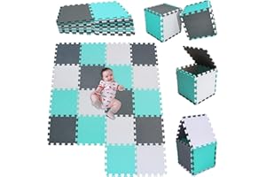 MSHEN 18 Stück Puzzlematte | Kälteschutz,abwaschbar Kinderspielteppich Matte | puzzlematte Baby Trainingsmatte.Größe 1,62 Quadrat.Weiß-Türkis-Grau-101108112g18