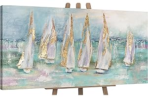 YS-Art Abstrakt Acryl Gemälde auf Leinwand handgemalt Segelboote Wandbilder Wohnzimmer moderne blaue Meereslandschaft Wohndekor Bilder echte Kunst 120x60 cm