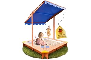 FRIEDO PRODUCTS FRIEDO - Sandkasten mit Dach (UV80+) & Matschküche 120x120 cm - Sandkiste inklusive Bodenvlies gegen Unkraut und Ungeziefer - Sandkasten mit Abdeckung aus Holz für Kinder - Outdoor und Garten geeignet