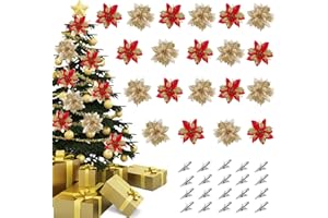 FINDIR 20 Pièces Fleurs de Poinsettia Glitter de Noël Artificielles de Fleurs de Noël Ornements avec Pinces pour de Décorations de Sapin de Guirlandes de Fleurs de Noël Mariage, Rouge et Or