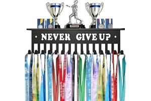 40 cm Uoffis Medal Display Rack , Never Give Up, Trophy with Hooks for Wall, Running, Karate, Sports Award Holder, Metal Wall Mount Organizer