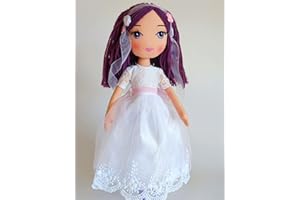 Drimydolls Muñeca Comunión Selene Vestido Novia Blanco Lazo Rosa, Hecha a Mano, la Muñeca de Trapo más Bonita y Única. Muñecas para Niñas. Regalo Boda Comunión Montessori. Sostenible, 37cm