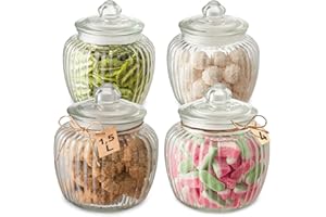 Praknu Tarro de Cristal con Tapa Hermética – Pack de 4 x 1,5L – Con Etiquetas – Estilo Vintage – Para Bodas, Fiestas y Cocina – Apto Lavavajillas – Para Dulces y Galletas