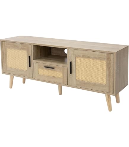 thumbnail: COSTWAY Bamboe TV Meubel – Met Rotan En Glazen Schuifdeur Voor TV's Tot 55 Inch