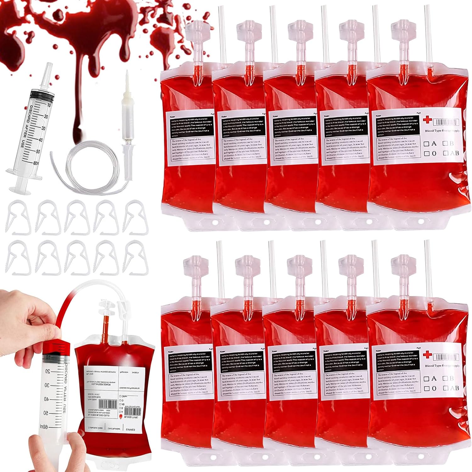 Vasos de Halloween, 10 bolsas de sangre de Halloween, bolsas de sangre de 350 ml para rellenar, bolsa de sangre para beber con jeringa de tipo de sangre, pegatinas decorativas de Halloween, bolsa de