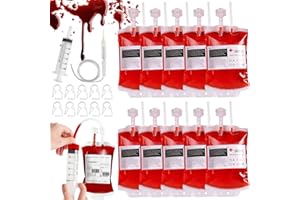 CAPGOOST Vasos de Halloween, 10 bolsas de sangre de Halloween, bolsas de sangre de 350 ml para rellenar, bolsa de sangre para beber con jeringa de tipo de sangre, pegatinas decorativas de Halloween, bolsa de