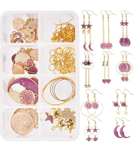 SUNNYCLUE 1 Doos Doe-het-zelf 10 Paar Emaille Bedel Sieraden Maken Kit Verguld Emaille Kat Maan Ster Aarde Planeet Lange Drop Bungelhaak Oorbel Maken~p122009844