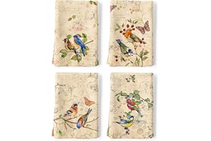 Arquiel Vintage fåglar kökshanddukar set med 4, 100 % bomull, 45 x 70 cm | 180 gsm bomullshanddukar med hängande ögla för daglig torkning, lätt vävd disktrasa, dekorativ, återanvändbar