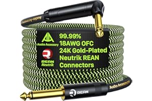 AA AUDIO ACCESSORY Pro Series Guitar Cable 3 m, Gold-Plated Neutrik REAN Connector, 18 AWG 99.99% OFC, Low Capacitance Straight to Right Angle 6.35mm Guitar Lead for Fender Electric Guitar