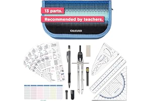 CALCUSO GEOMETRY SET PRO in a blue pencil case with compass and protractor - Practical case for school, university, office, and drawings - Ideal as a geometry set for school