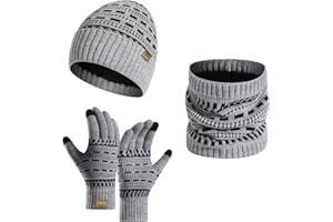 INSISMY Winter Beanie Hat Scarf and Touch Screen Gloves Set Knitted Hats Thermal Gloves for Men Women Neck Warmer 3 PCS Skull Cap Thick Fleece Lined Unisex Dotted Stripe