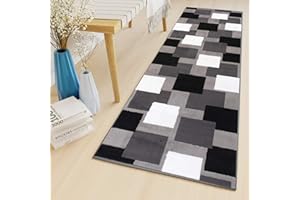 TAPISO Luxury Teppich Läufer Flur Meterware Korridor Küche Flur Kurzflor Modern Vierecke Design Schwarz Grau Weiß ÖKOTEX 80 x 190 cm