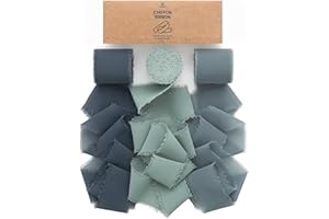 Vitalizart Cinta de Gasa de Seda Azul Empolvado Hecha a Mano con Flecos, 3 Rollos en Total 3,8 cm x 19,2 m, Juego de Cintas para Invitaciones de Boda, Ramos, Envolver Regalos, Bricolaje