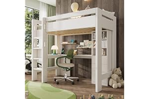 RIAZOS Children's Bed 90 x 200 cm, Bunk Bed with L-shaped Desk, Single Bed with 3 Shelves and 3 Drawers, Bunk Bed with USB/Type-C Charging Area, without Mattress, White