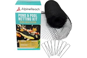 AlpineReach 4,5m x 6m Red para Estanque Koi, Malla Tejida Super Resistente Grapas de Sujeción de Acero, Protege los Peces Koi de Garza Azul Pájaros Gatos, Protección UV, Reutilizable, Negro