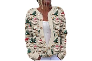 GENERIC Christmas Cardigan Sweaters for Women Vintage Funny Xmas Printed Knit Coat Cute Button Long Sleeve Fall Winter Jackets Christmas Women's V-Neck Cardigans Casual Knitted Sweater Printed Cardigan