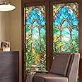 KASTWAVE Decorative Window Film, Tropical Plant Painted Frosted Static Cling Non Adhesive Privacy Film, Stained Glass Window Film for Bathroom Shower Door Heat Anti UV(17.7"x39.5")