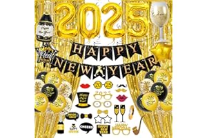 GYESXYW Silvester Deko 2025, Schwarz Gold Neujahr Deko 2025 Happy New Year Banner, 2025 Folienballon Konfetti Luftballons, Glitzer Vorhänge, 2025 Foto Requisite Party Dekoration Set für Silvesterparty