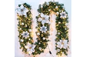 SHAVINGFUN Guirnalda de Navidad,Guirnalda Navidad con Luces,Guirnalda Flores Artificiales Decoracion de 9 ft,Guirnalda Navidad Verde Decoración Utilizada para escaleras y chimeneas navideñas (Plata)