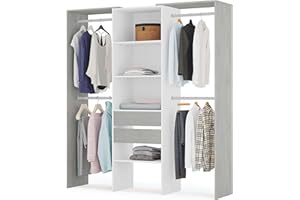 Habitdesign Armario Vestidor con 2 Cajones, Vestidor con Barras y Baldas, Acabado en Blanco Artik y Gris Cemento, Medidas: 179 cm (Ancho) x 202 cm (Alto) x 50 cm (Fondo)