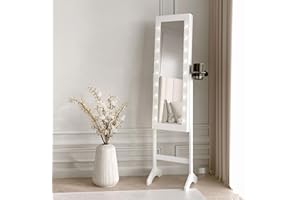 CARME Zoey Jewellery Storage Cabinet with Full Length Mirror, LED Lights, 6 Drawers, Hair Dryer Holder & Hooks - Dressing Table & Jewellery Armoire for Bedroom, Vanity & Makeup - White