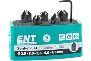 ENT EUROPEAN NORM TOOLS ENT 26518 Set Punta Svasatore 5 Pezzi HSS, Diametro (d) 2,5-4 E 4,5 mm, E 90°, Rotazione a destra - Set Svasatore - Set Punte Svasatore per Legno - Punte Svasatura