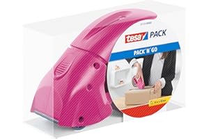 tesa Dérouleur Manuel Pack'n'go Ergonomique pour rouleaux d'emballage - Livré avec un ruban adhésif de 50 m x 48 mm - Pink