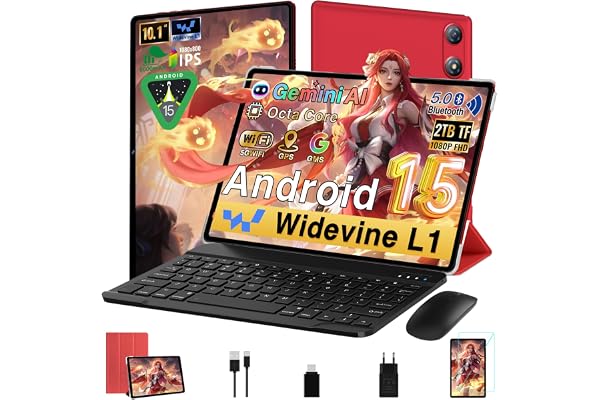 Gemini AI Android Tablette 10 Pouces 64Go ROM + 2To TF, Face ID,Octa-Core 2.0 Ghz, 1080*800 FHD IPS, Veille Extra Longue, 5G WiFi, Widevine L1, 5MP+8MP, GMS, Bluetooth 5.0, Tablette avec clavier,Rouge