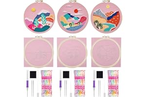 Allazone Juego de 3 punzones para principiantes, kit de bordado con marco para niños y adultos, manualidades, aguja de perforación (puesta de sol y montañas)