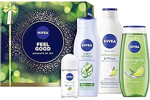 NIVEA Feel Good Geschenkset, Geschenk für Frauen, Geschenkbox mit Duschgel (250 ml), Shampoo (250 ml), Body Lotion (400 ml) und Deo (50 ml)