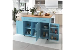 Huayz Isola da cucina autoportante con piano di lavoro pieghevole, carrello da cucina su 5 ruote, con ripiano e 2 cassetti, per sala da pranzo 129 x 71 x 91,5 cm (blu)