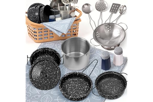 Veitch fairytales Dinette Enfant Ustensile et Accessoire Cuisine Enfant Jouet Ensemble de Casserole en Métal Coloré Cadeau 3 4 5 6 7 8 Ans (Nouveau Noir)
