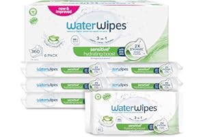 WaterWipes Sensitive+ Hydrating Boost Wipes, 360 Count (6 Packs), 3-In-1 Cleans, Cares, Hydrates, 99% Water with Aloe Vera, Unscented Baby Wipes