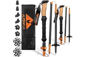 ‎ALPENFUX ALPENFUX® Premium Wanderstöcke faltbar, Trekkingstöcke, Nordic Walking Stöcke, leicht und verstellbar mit Klemmverschluss und Korkgriff für Damen und Herren, schwarz, orange