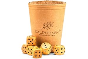 Waldfelsen® Echtleder Würfelbecher (9 cm) mit 6 Holzwürfeln (16 mm) aus Buchenholz Lederbecher Würfelset Augenwürfel Spielwürfel (Farbe: Beige)