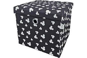 Disney Classic Mickey Mouse Foldable Ottoman Storage Box, Square Toy Chest Box with Lid for Kids, Foot Stool, Can Hold up to 30kg - Black
