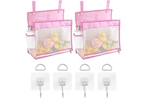 Adorila 2 Pack Mesh Bath Toys Organizer, Kids Bathroom Toy Storage Holder with Hooks, Bottom Zipper Toy Bag for Bathtub (Pink)