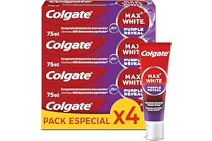 Colgate Max White Purple Reveal Pasta de Dientes Blanqueadora, 4 Uds x 75ml, Dentífrico Blanqueador de Dientes con Tecnología de Corrección Óptica del Color, Corrige al instante* los Tonos Amarillos